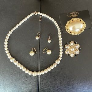 Pearl vintage earrings, necklace, pin, pin/ pendant bundle